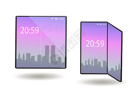 可折叠手机智能手机在折叠和展开位置具有柔性屏幕 具有弯曲显示现代技术的平板电脑设备 它制作图案矢量工具小样网络插图进步发明曲线卡图片