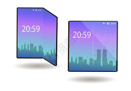 可折叠手机智能手机在折叠和展开位置具有柔性屏幕 具有弯曲显示现代技术的平板电脑设备 它制作图案矢量硬件小样网络曲线工具药片进步插图片