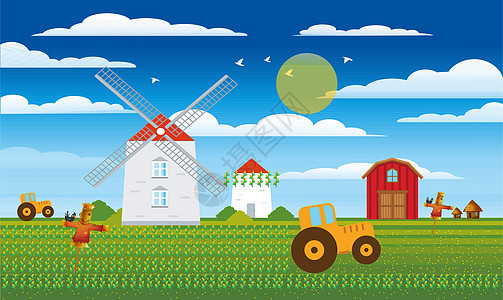 种植作物和车辆的农场机器收成季节插图机械房子日落国家农业农田背景图片