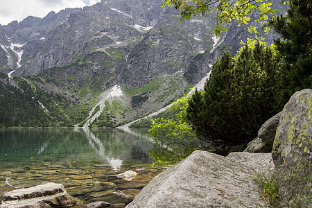 美丽的夏季高山湖景被绿树覆盖 前面有石头 天空中有云彩 山在水中的倒影 水晶般清澈的水 欧洲 阿尔卑斯山阳光旅行季节场景公园太阳图片