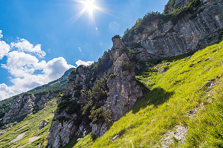 在贝希特斯加登阿尔卑斯山 飞得惊人顶峰森林侵蚀全景荒野天空岩石石灰石首脑远足图片