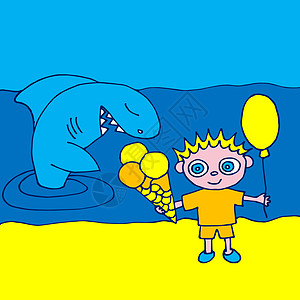 彩色卡通素描插图与男孩和鲨鱼图片