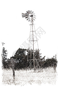 旧风车在野外的黑白照片图片