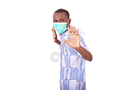 一名年轻男子用医疗面具拍摄的肖像 他以医学面罩为拒绝格斯图(Gestu)图片