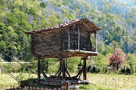 用于在格鲁吉亚一个村庄储存作物的木材谷仓图片