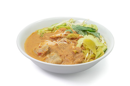 泰国大米面和白碗上的鱼球汤鱼丸盘子午餐白色烹饪绿色餐厅蔬菜美食食物图片
