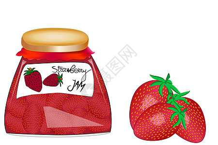 美味的纯素果酱 装在罐子里 由成熟多汁的草莓新鲜浆果和叶子分离而成图片