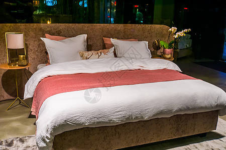 现代双床 室内豪华的卧室 带床单和枕头的床铺图片