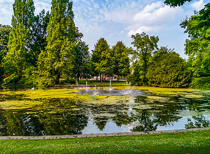 Breda的Valkenberg市公园 与池塘和水泉一起 荷兰自然景观图片