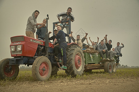 拖拉机上的农民收成女孩农村微笑园艺食物植物帽子国家快乐图片