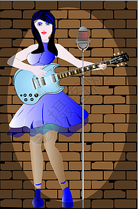 吉他女英雄蓝色麦克风音乐家玩家演员卡片艺术舞台裙子插图背景图片