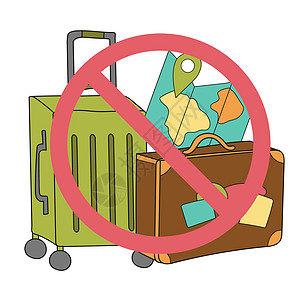 红站牌在手提箱上 科罗纳病毒流行 白底设计横幅生物风险危险危害红色航班旅行感染插图图片