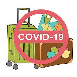 红站牌在手提箱上 科罗纳病毒流行 白底设计生物预防禁令警告标签病原旅行行李货物航班图片