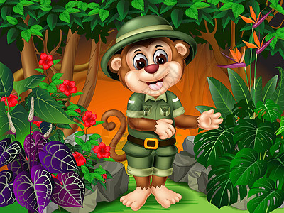 可爱的棕色猴子在森林里穿绿色制服和帽子与常春藤花卡通图片