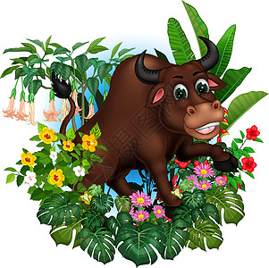 酷大公牛与常春藤植物和花卉卡通图片