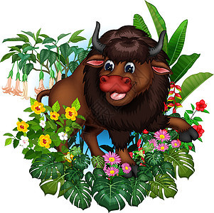 棕色大野牛与常春藤植物和花卉卡通图片