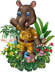 棕色貘与热带常春藤植物和花卉卡通图片