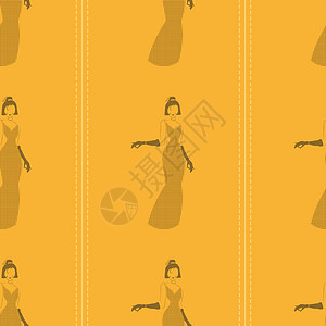 无缝图案与一个女人的剪影穿着一件长长的黄色连衣裙与黑色圆点图片