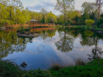 沃罗茨瓦夫的日本花园多姿多彩的景观 在湖中反射图片