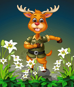 滑稽的棕色鹿在岩石顶部与白色常春藤花动画片图片