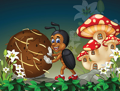 有趣的黑色棕色蜣螂在森林中与背景动画片中的蘑菇屋图片