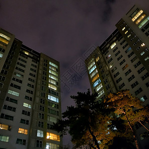 夜间住宅楼的低角面图片
