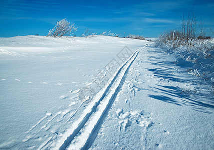 带滑雪轨的雪白平原图片