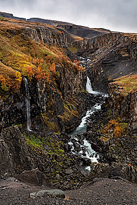 冰岛 Hengifos和Litlanesfos瀑布力量岩石荒野运动地标地质学火山溪流柱子石头图片