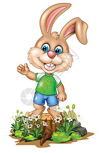 可爱的小棕色兔子站在树木上与白色常春藤花卡通图片