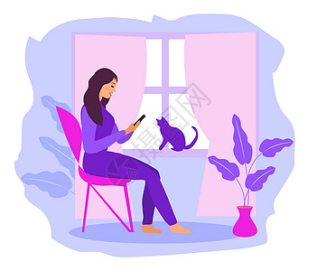 在家工作 自由职业者 女孩在靠窗的智能手机上工作 一位年轻女子坐在房子的椅子上 一只猫坐在窗边 插图图片