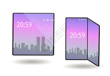 可折叠手机智能手机在折叠和展开位置具有柔性屏幕 具有弯曲显示现代技术的平板电脑设备 插画图片