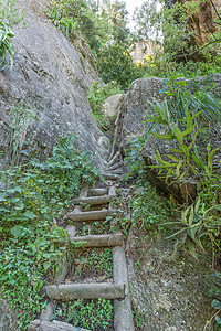 滑到顶端的泥流路径上的梯子链梯沟壑旅游远足爬山娱乐风景乡村爬坡农村图片