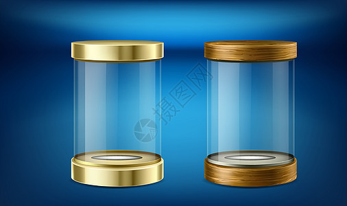 湿玻璃素材抽象深色背景上的空罐子养护盒子阳光圆柱金子食物产品蓝色贮存冰山插画