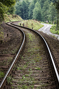 一条森林中的铁路曲线和沥青路木头小路过境曲目旅游旅行树木森林风景场景图片