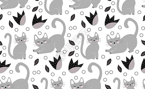 可爱的猫咪无缝模式 小猫无尽的背景重复纹理 它制作图案矢量艺术白色插图宠物绘画涂鸦墙纸织物草图打印图片