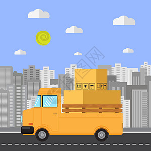 汽车地图快速交付标志设计与橙色卡车上的纸盒 侧视图插画