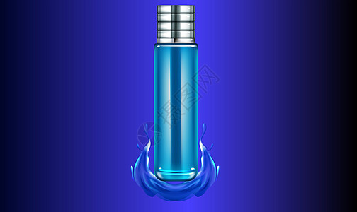 蓝色液体背景上长玻璃瓶香水的模拟插图 L产品金属化妆品玻璃碳粉瓶子嘲笑皮肤技术凝胶图片