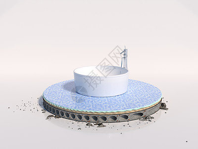 一个概念项目 其中浴室中住宅楼的地板连同浴缸和水槽被切割成圆形 3D 渲染图优雅洗手间装饰地面蓝色风格奢华房子洗澡插图图片