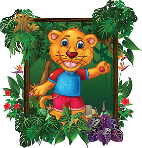 可爱的小狮子在森林与常春藤植物卡通矢量它制作图案图片
