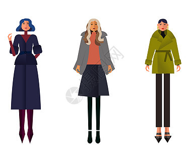一群女性街头风格角色收集组 穿着不同长度的秋天大衣造型魅力男人插图卡通片影响者生活方式打印博客外套背景图片