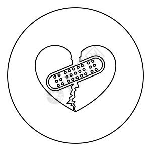 心脏与补丁连接两半图标在圆形轮廓黑色矢量插图平面样式图像图片