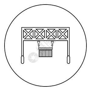 港口装载机铁路起重机与货物集装箱起重货物物流技术终端服务图标在圆形轮廓黑色矢量插图平面样式图像图片