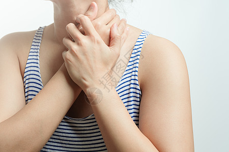 女性喉咙痛 女性用手摸颈部疼解剖学痛苦病人卫生女孩皮肤疾病症状扁桃体炎脖子图片
