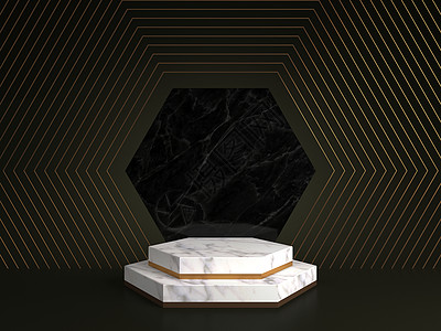 黑色背景上孤立的白色大理石基座的 3d 渲染六边形金框纪念板六边形台阶抽象最小概念空白空间干净设计奢华简约模型框架石头展示艺术工图片