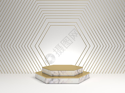 白色背景上孤立的白色大理石基座的 3d 渲染六边形金框纪念板六边形台阶抽象最小概念空白空间干净设计奢华简约模型金属工作室木板广告图片