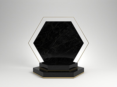 白色背景上孤立的黑色大理石基座的 3d 渲染六边形金框纪念板六边形台阶抽象最小概念空白空间干净设计奢华简约模型图片