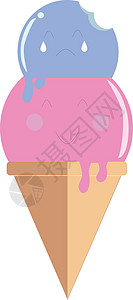 一个冰淇淋甜筒 里面有两勺冰淇淋 快乐的草莓勺和悲伤的被咬蓝莓味勺坐在上面图片