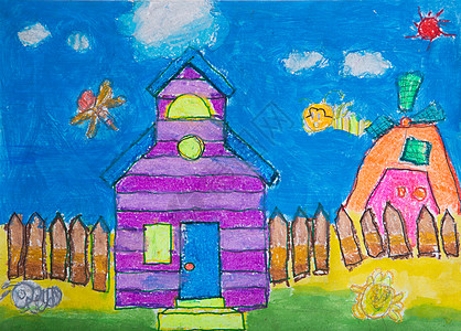 儿童绘图艺术品天空男生女孩家庭作业学习孩子蜡笔刷子画笔图片
