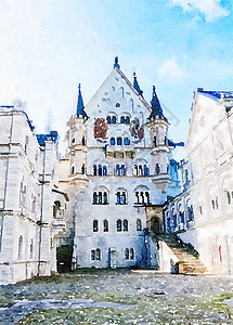 阿尔卑斯山水彩艺术版画城堡笔触高山绘画艺术家框架童话场景帆布奢华装饰图片