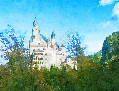 阿尔卑斯山水彩艺术版画城堡装饰刷子插图风格旅行高山帆布场景绘画童话图片